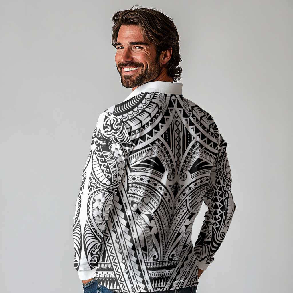 Polynesian Tattoo Inspired Cosplay Costume Long Sleeve Polo Shirt Tribal Warrior White - Polynesian Pride