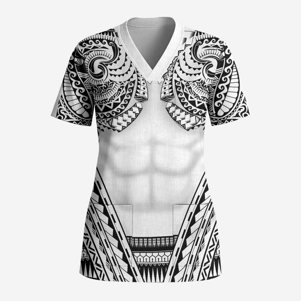 Polynesian Tattoo Inspired Cosplay Costume Scrub Top Tribal Warrior White - Polynesian Pride