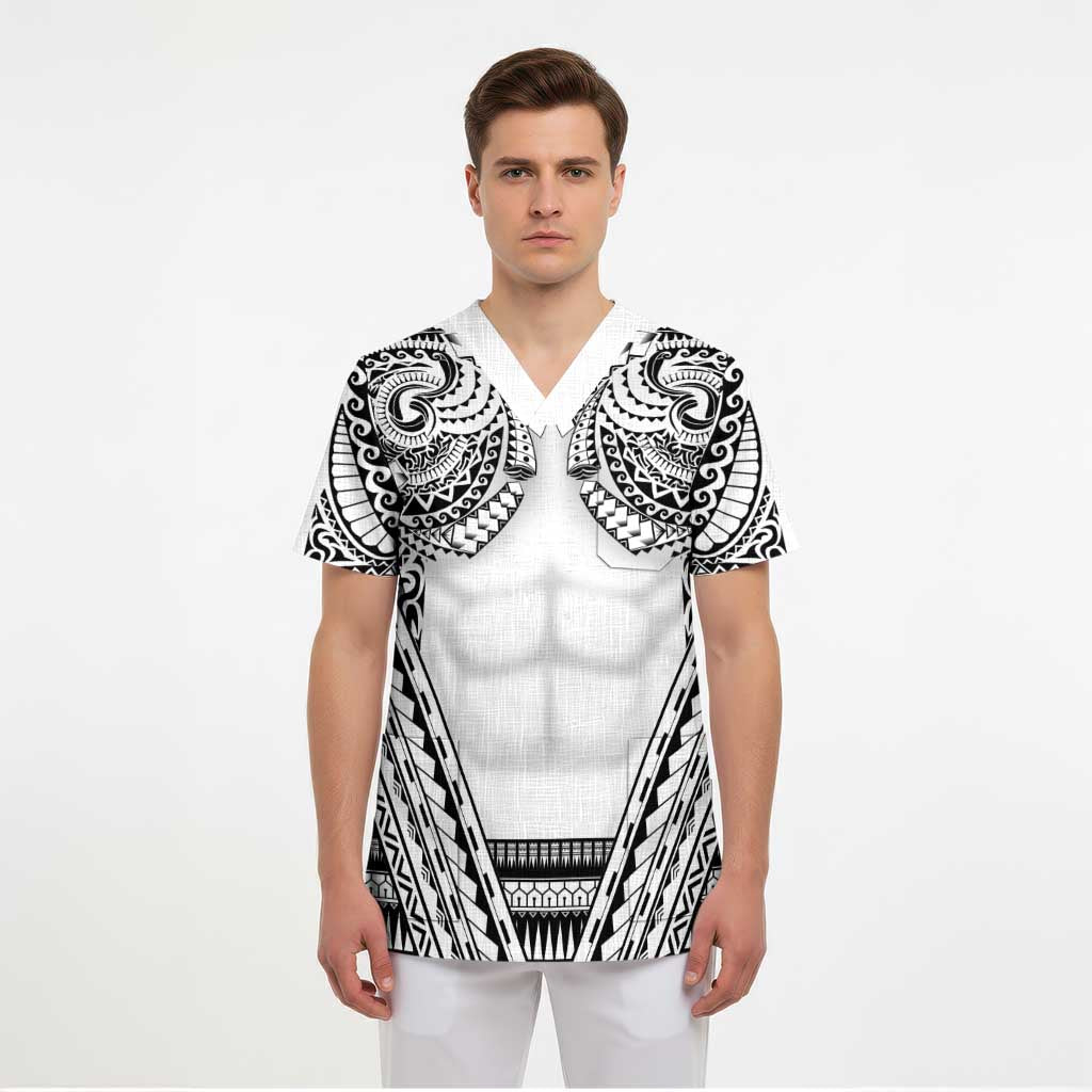 Polynesian Tattoo Inspired Cosplay Costume Scrub Top Tribal Warrior White - Polynesian Pride