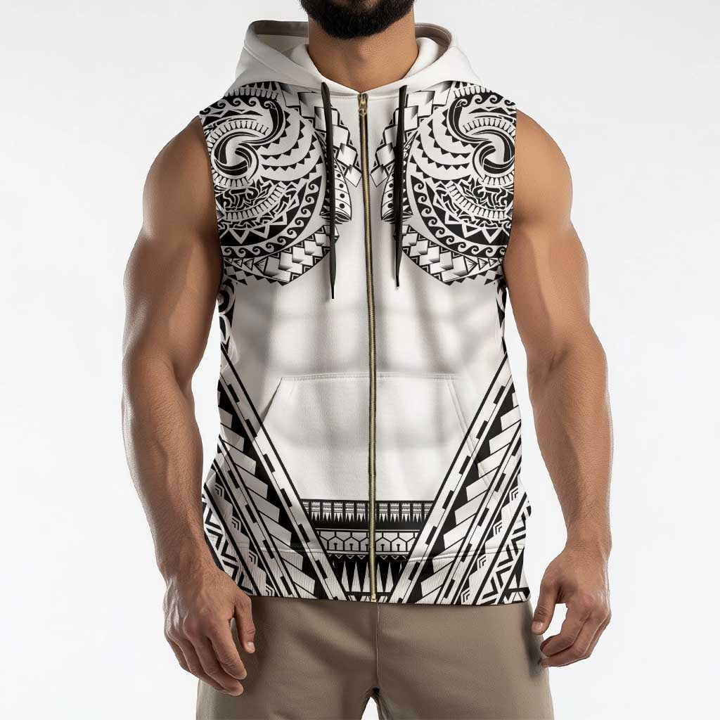 Polynesian Tattoo Inspired Cosplay Costume Sleeveless Zip Hoodie Tribal Warrior White - Polynesian Pride