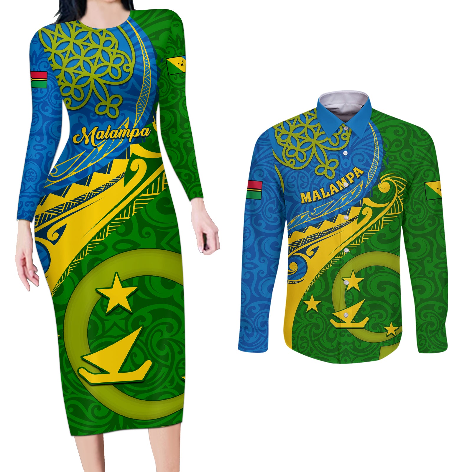 malampa-day-couples-matching-long-sleeve-bodycon-dress-and-long-sleeve-button-shirts-sand-drawing-vanuatuan-pattern