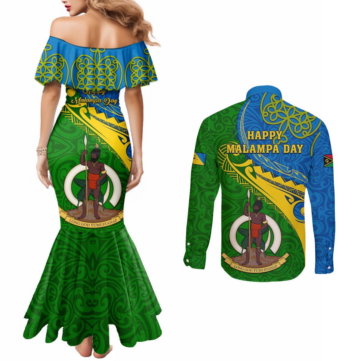 malampa-day-couples-matching-mermaid-dress-and-long-sleeve-button-shirts-sand-drawing-vanuatuan-pattern