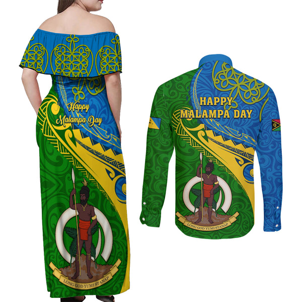 Vanuatu Malampa Province Couples Matching Off Shoulder Short Dress and Long Sleeve Button Shirts Coat Of Arms And Namele Fern Polynesian Pattern LT05 main image 1