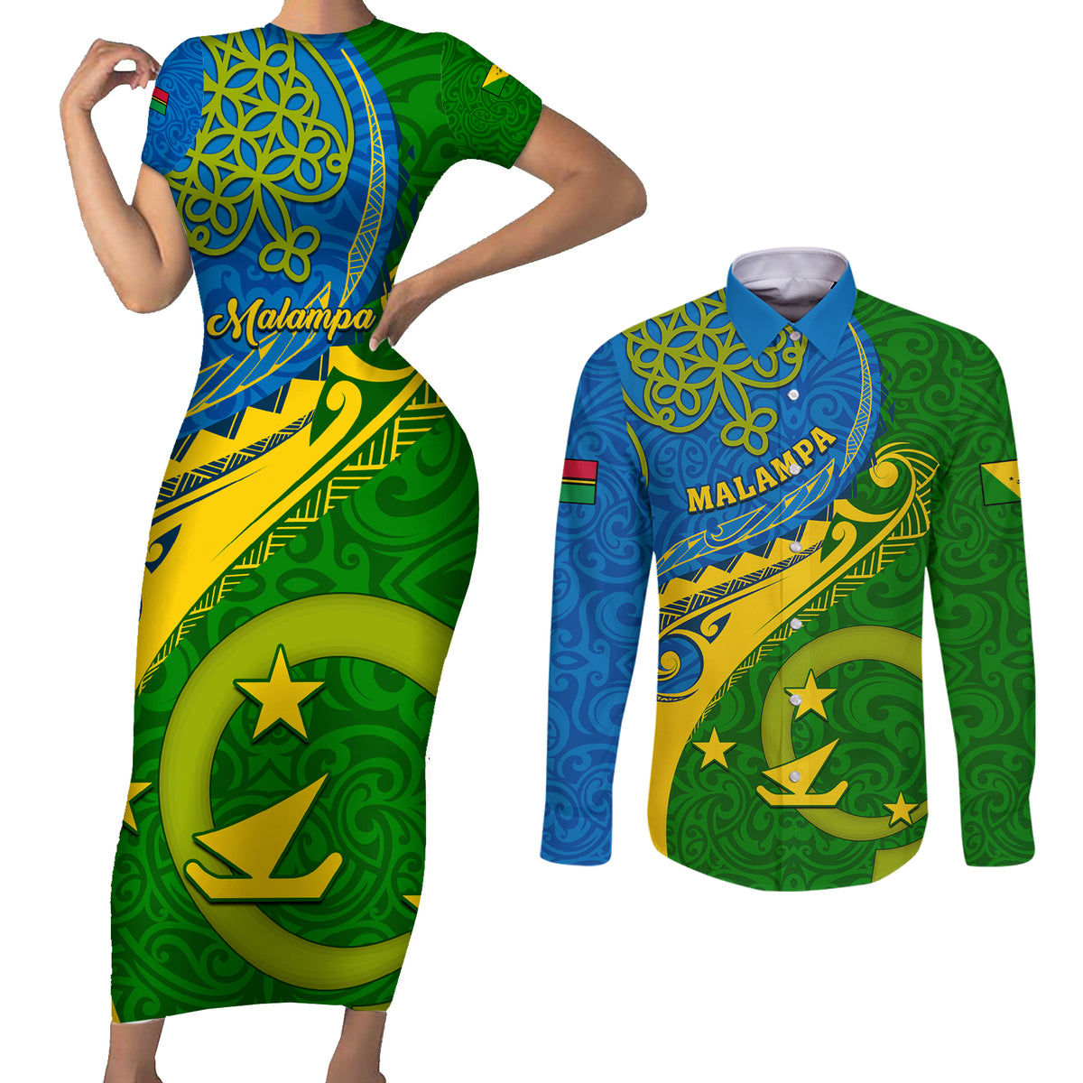 malampa-day-couples-matching-short-sleeve-bodycon-dress-and-long-sleeve-button-shirts-sand-drawing-vanuatuan-pattern