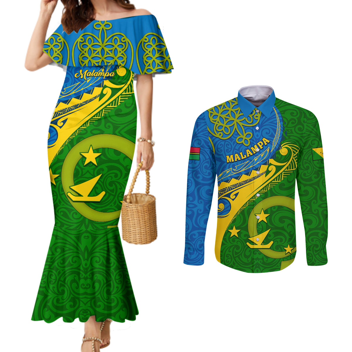 personalized-malampa-day-couples-matching-mermaid-dress-and-long-sleeve-button-shirts-sand-drawing-vanuatuan-pattern