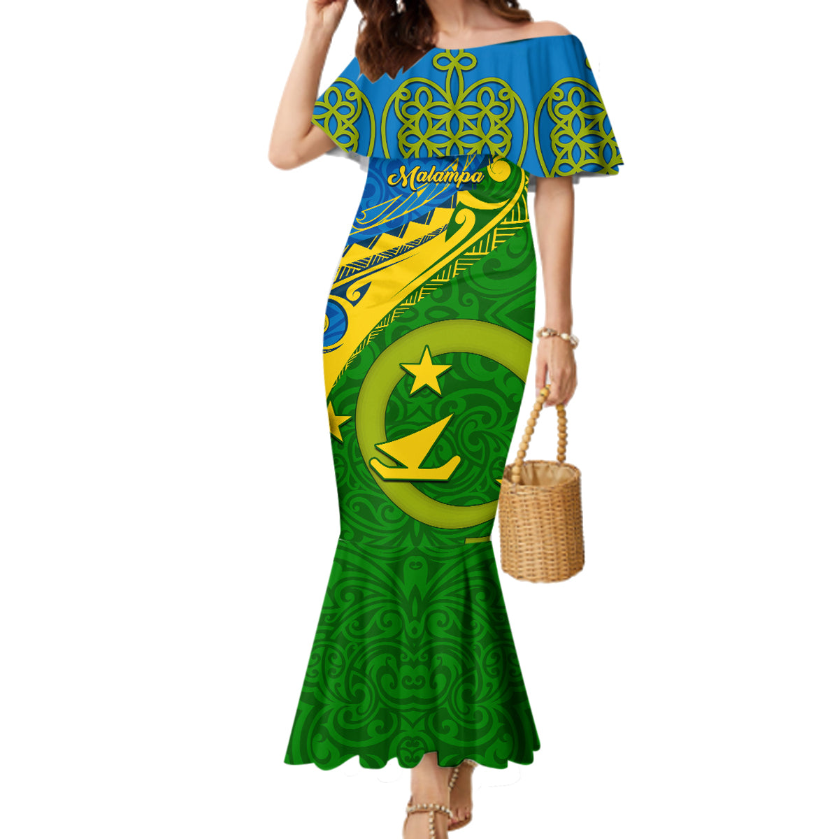 Personalized Malampa Day Family Matching Mermaid Dress and Hawaiian Shirt Sand Drawing Vanuatuan Pattern LT05 Mom's Dress Green - Polynesian Pride