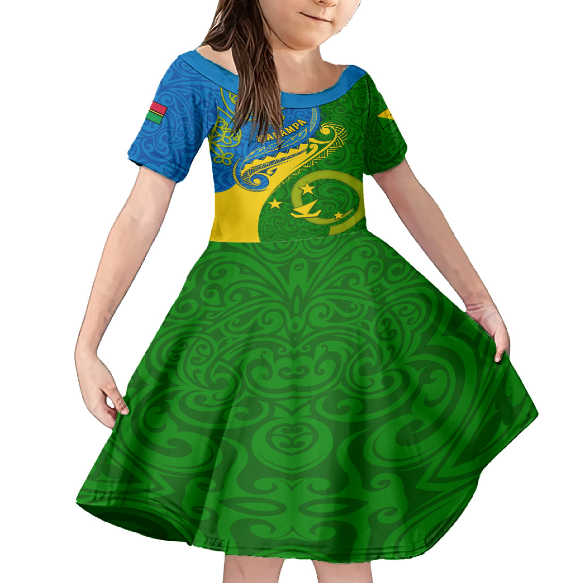 Personalized Malampa Day Family Matching Off Shoulder Maxi Dress and Hawaiian Shirt Sand Drawing Vanuatuan Pattern LT05 Daughter's Dress Green - Polynesian Pride