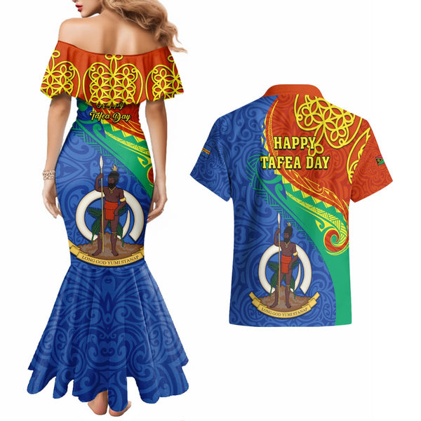 Personalized Vanuatu Tafea Province Couples Matching Mermaid Dress and Long Sleeve Button Shirts Coat Of Arms And Namele Fern Polynesian Pattern LT05 main image 1
