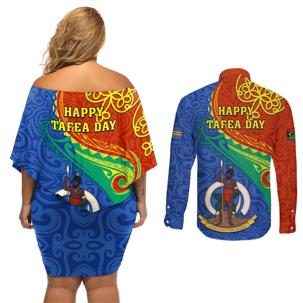 tafea-day-couples-matching-off-shoulder-short-dress-and-long-sleeve-button-shirts-sand-drawing-vanuatuan-pattern