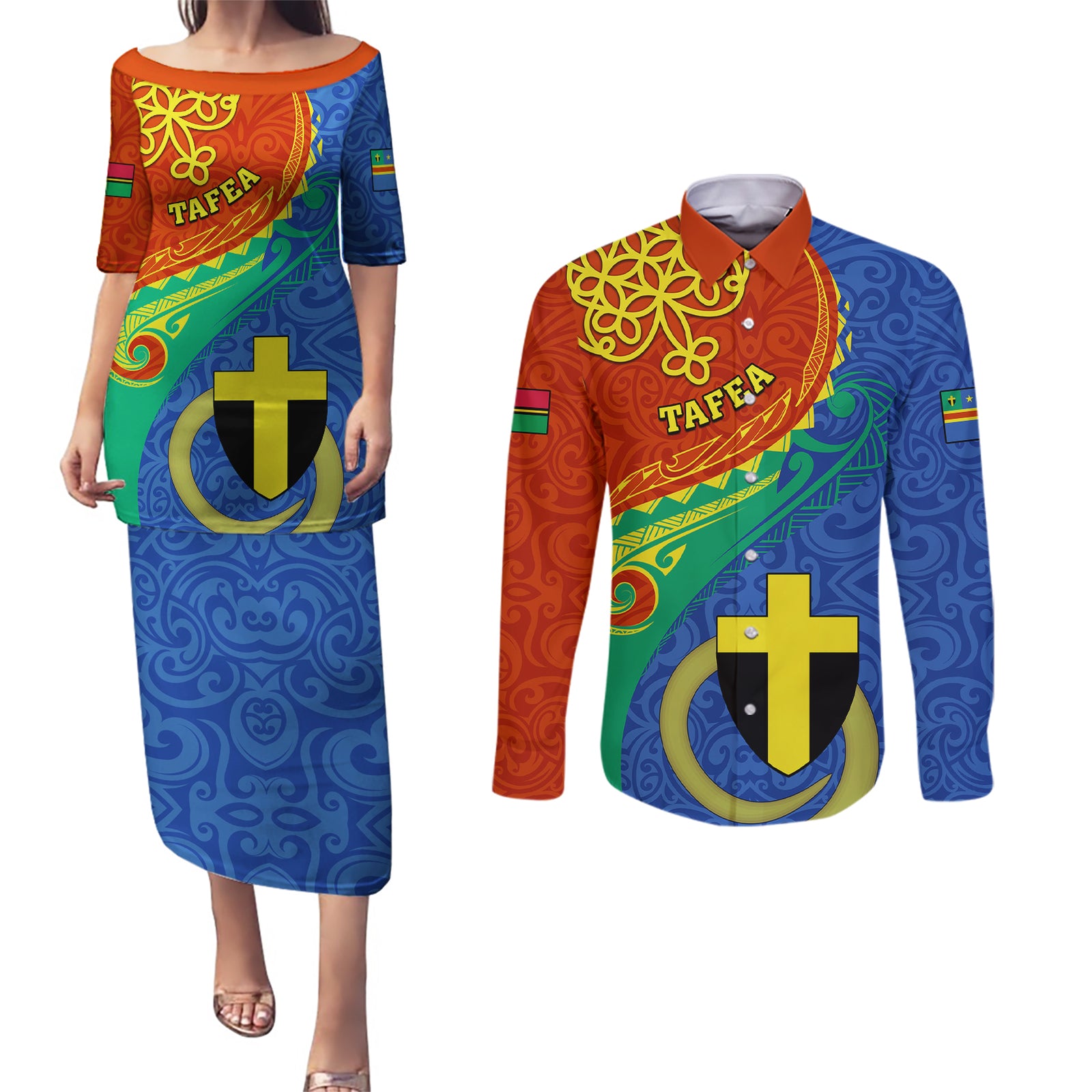 tafea-day-couples-matching-puletasi-dress-and-long-sleeve-button-shirts-sand-drawing-vanuatuan-pattern