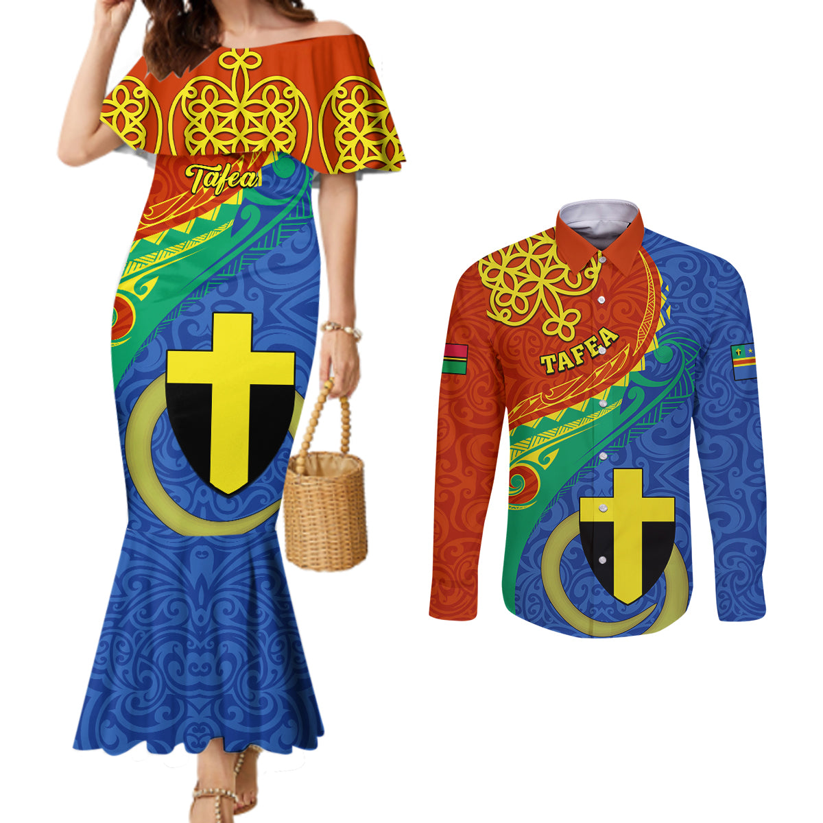 personalized-tafea-day-couples-matching-mermaid-dress-and-long-sleeve-button-shirts-sand-drawing-vanuatuan-pattern