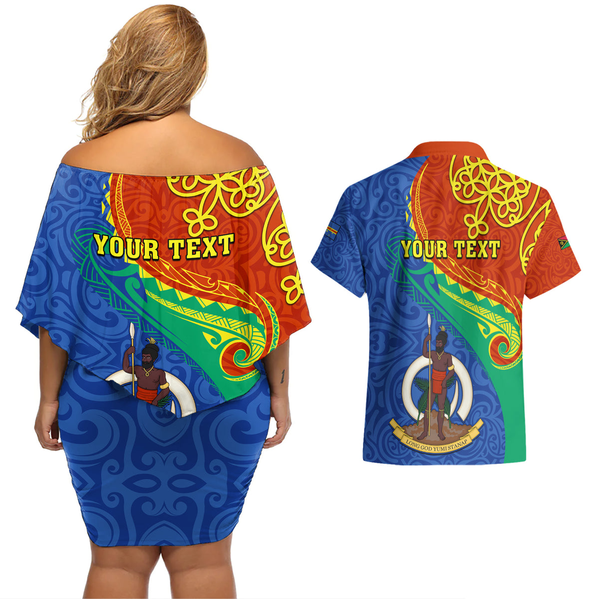 personalized-tafea-day-couples-matching-off-shoulder-short-dress-and-hawaiian-shirt-sand-drawing-vanuatuan-pattern