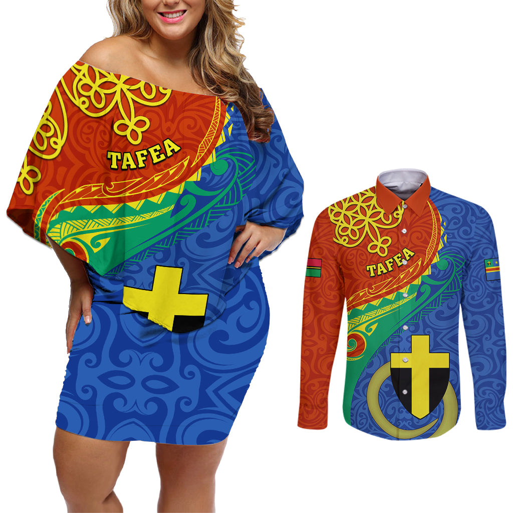 personalized-tafea-day-couples-matching-off-shoulder-short-dress-and-long-sleeve-button-shirts-sand-drawing-vanuatuan-pattern