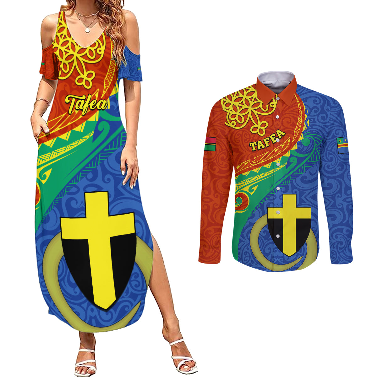 personalized-tafea-day-couples-matching-summer-maxi-dress-and-long-sleeve-button-shirts-sand-drawing-vanuatuan-pattern