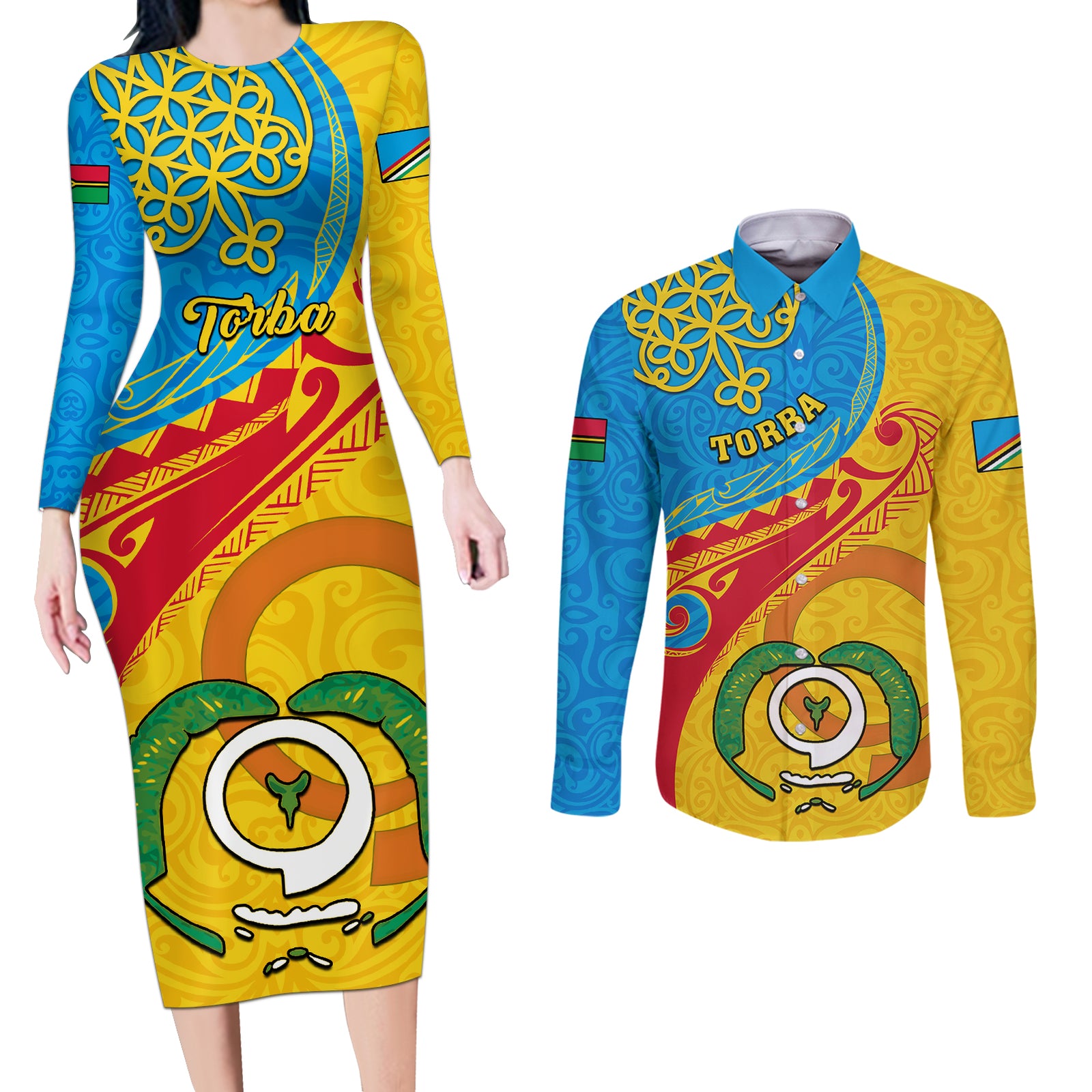 torba-day-couples-matching-long-sleeve-bodycon-dress-and-long-sleeve-button-shirts-sand-drawing-vanuatuan-pattern