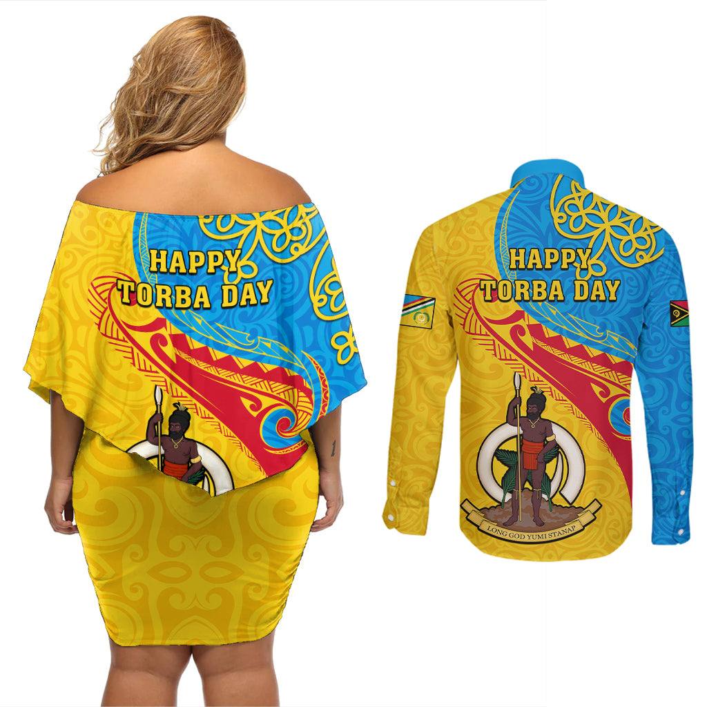 torba-day-couples-matching-off-shoulder-short-dress-and-long-sleeve-button-shirts-sand-drawing-vanuatuan-pattern