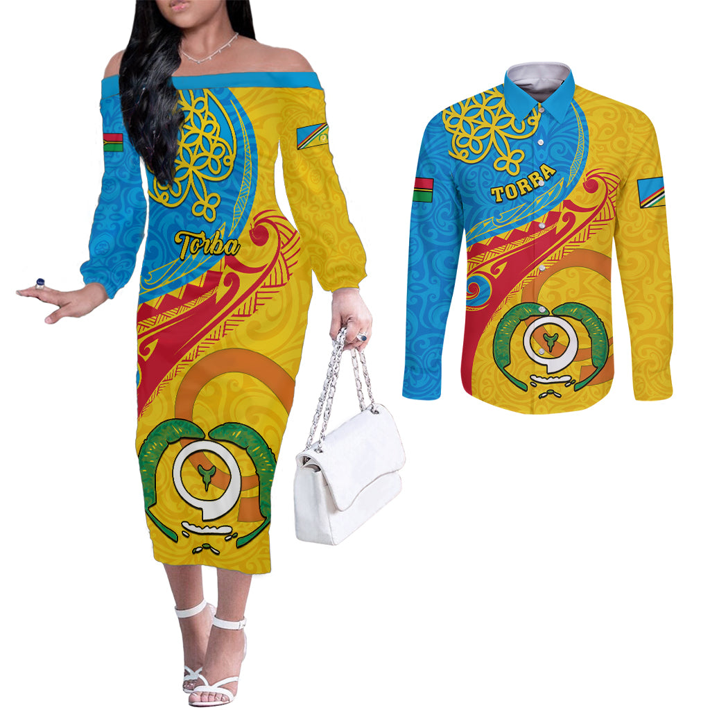 torba-day-couples-matching-off-the-shoulder-long-sleeve-dress-and-long-sleeve-button-shirts-sand-drawing-vanuatuan-pattern
