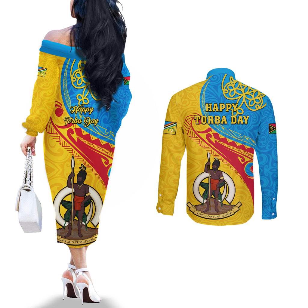 torba-day-couples-matching-off-the-shoulder-long-sleeve-dress-and-long-sleeve-button-shirts-sand-drawing-vanuatuan-pattern