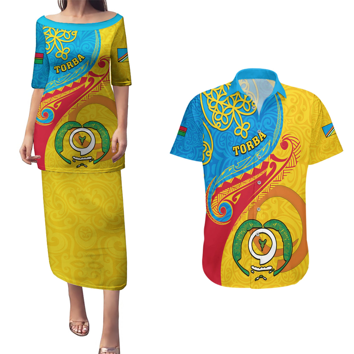 torba-day-couples-matching-puletasi-dress-and-hawaiian-shirt-sand-drawing-vanuatuan-pattern