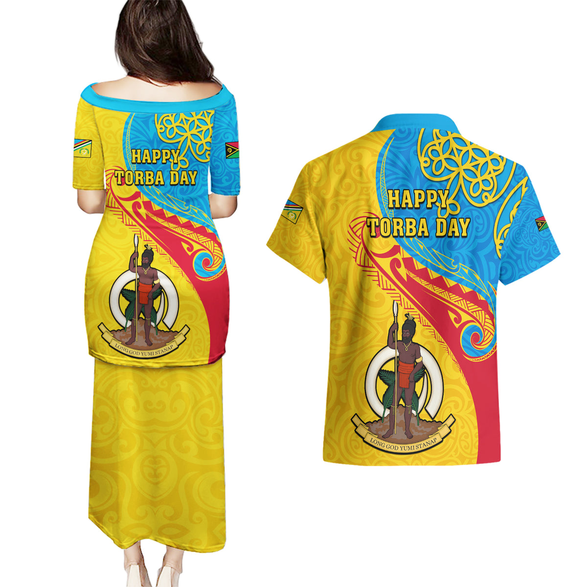 torba-day-couples-matching-puletasi-dress-and-hawaiian-shirt-sand-drawing-vanuatuan-pattern