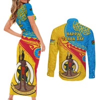 torba-day-couples-matching-short-sleeve-bodycon-dress-and-long-sleeve-button-shirts-sand-drawing-vanuatuan-pattern