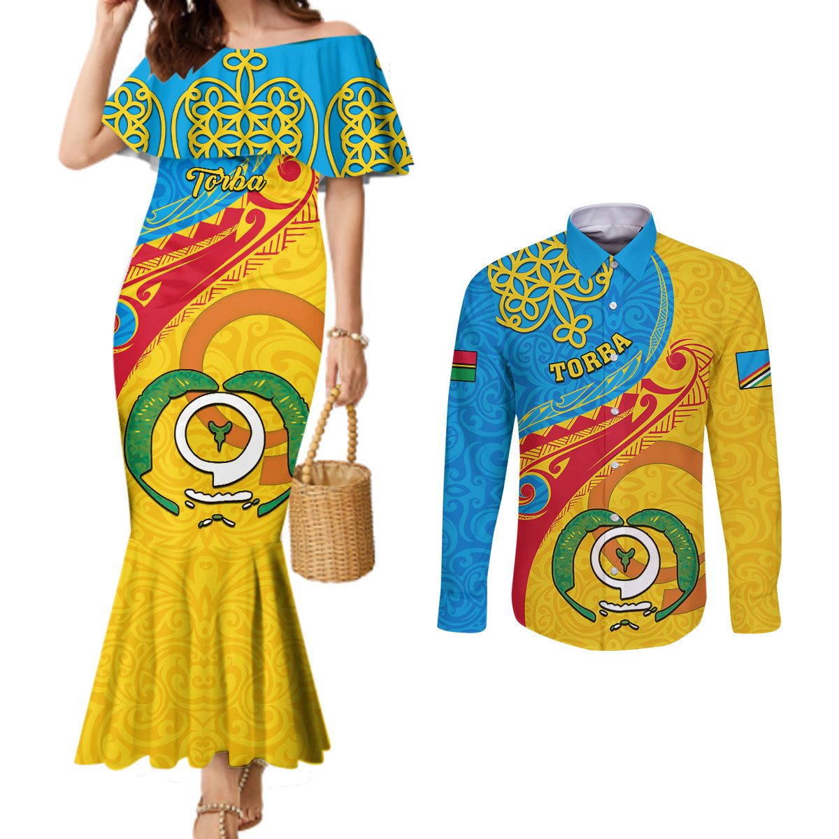 personalized-torba-day-couples-matching-mermaid-dress-and-long-sleeve-button-shirts-sand-drawing-vanuatuan-pattern