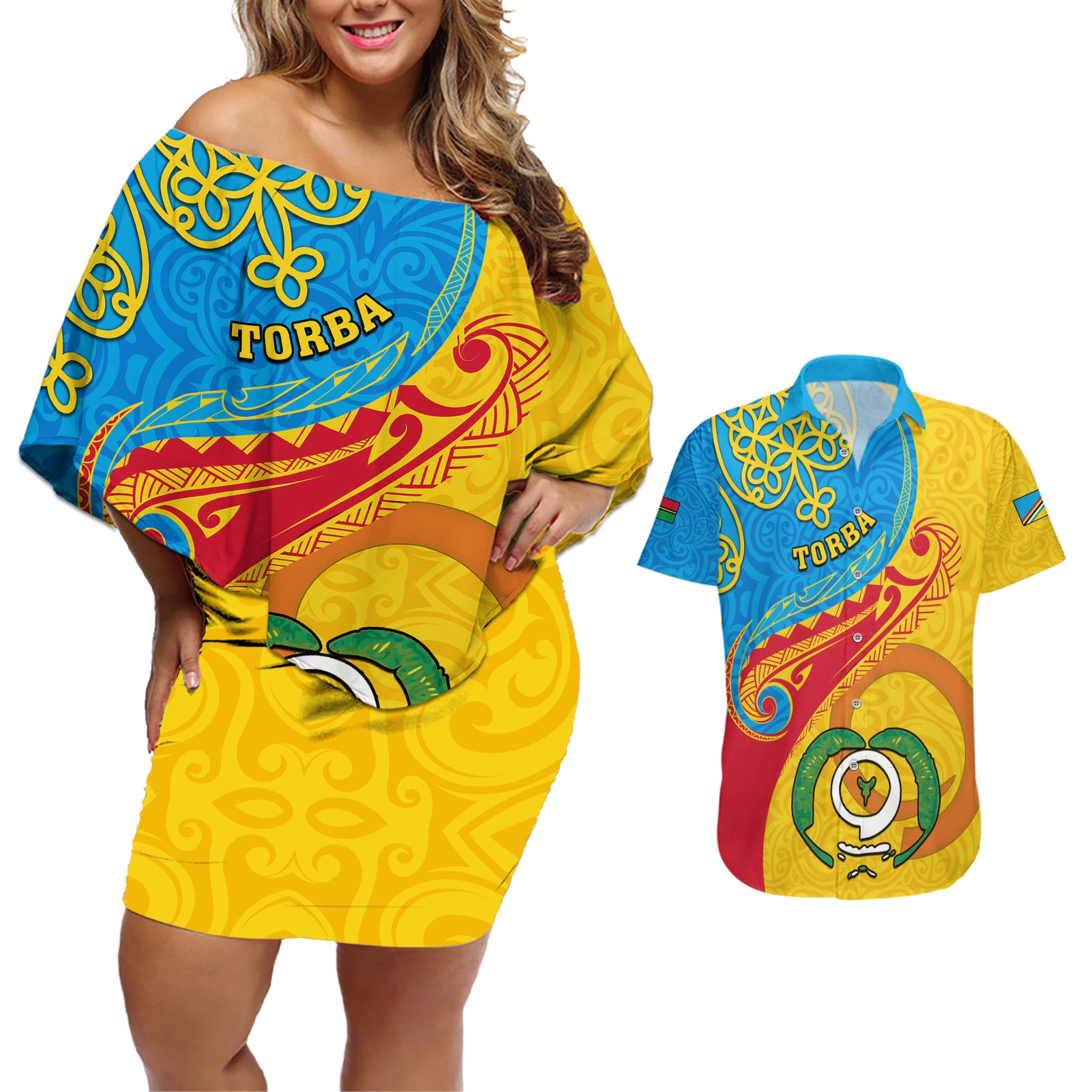 personalized-torba-day-couples-matching-off-shoulder-short-dress-and-hawaiian-shirt-sand-drawing-vanuatuan-pattern