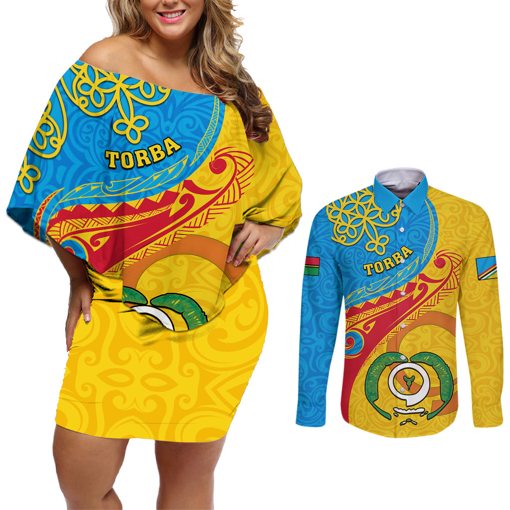 personalized-torba-day-couples-matching-off-shoulder-short-dress-and-long-sleeve-button-shirts-sand-drawing-vanuatuan-pattern