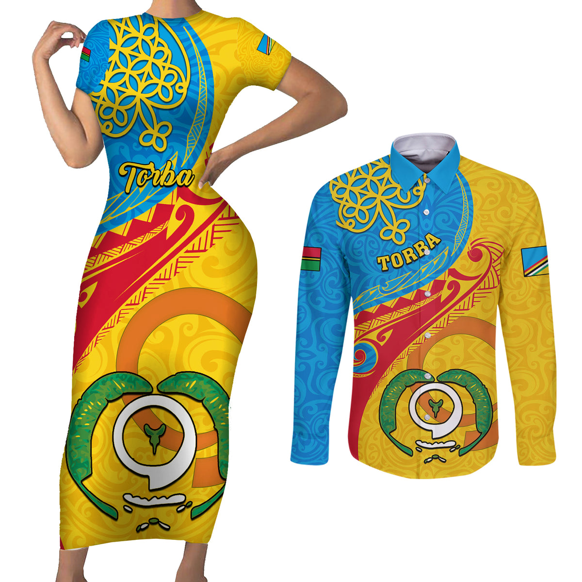 personalized-torba-day-couples-matching-short-sleeve-bodycon-dress-and-long-sleeve-button-shirts-sand-drawing-vanuatuan-pattern