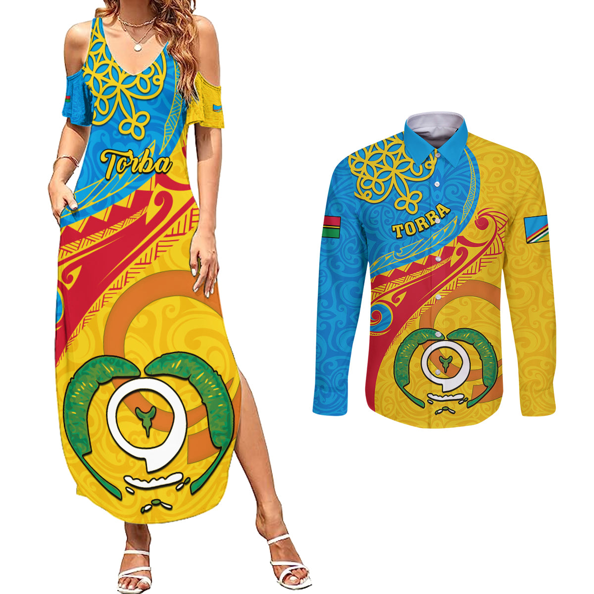 personalized-torba-day-couples-matching-summer-maxi-dress-and-long-sleeve-button-shirts-sand-drawing-vanuatuan-pattern