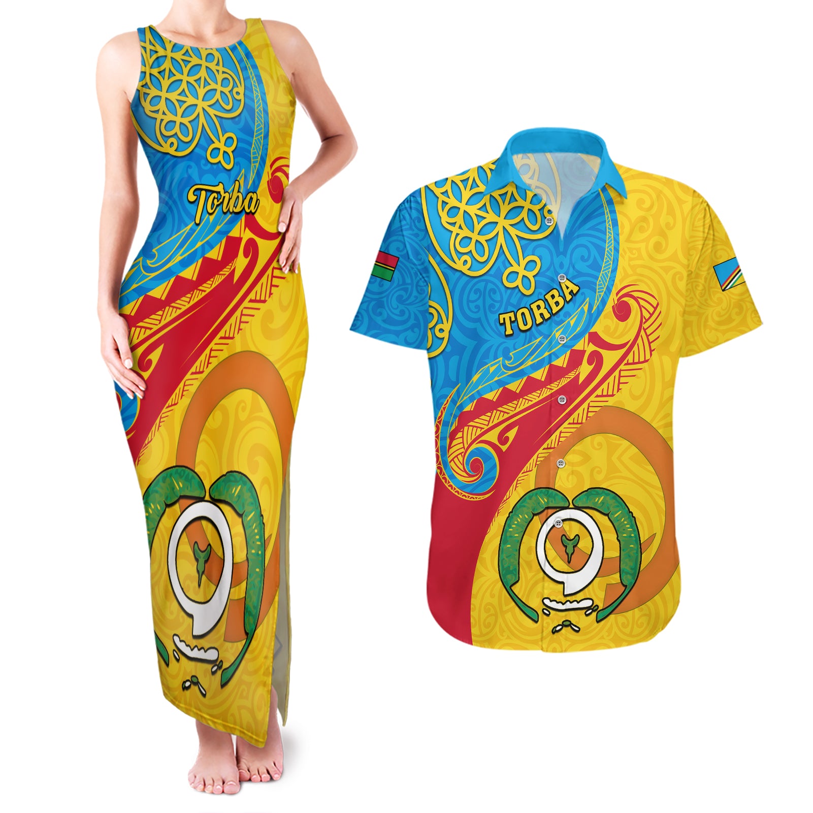 personalized-torba-day-couples-matching-tank-maxi-dress-and-hawaiian-shirt-sand-drawing-vanuatuan-pattern