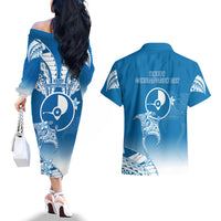 FSM Yap Constitution Day Couples Matching Off The Shoulder Long Sleeve Dress and Hawaiian Shirt Polynesian Batoids LT05 - Polynesian Pride