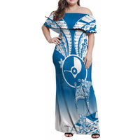 FSM Yap Constitution Day Family Matching Off Shoulder Maxi Dress and Hawaiian Shirt Polynesian Batoids LT05 Mom's Dress Blue - Polynesian Pride