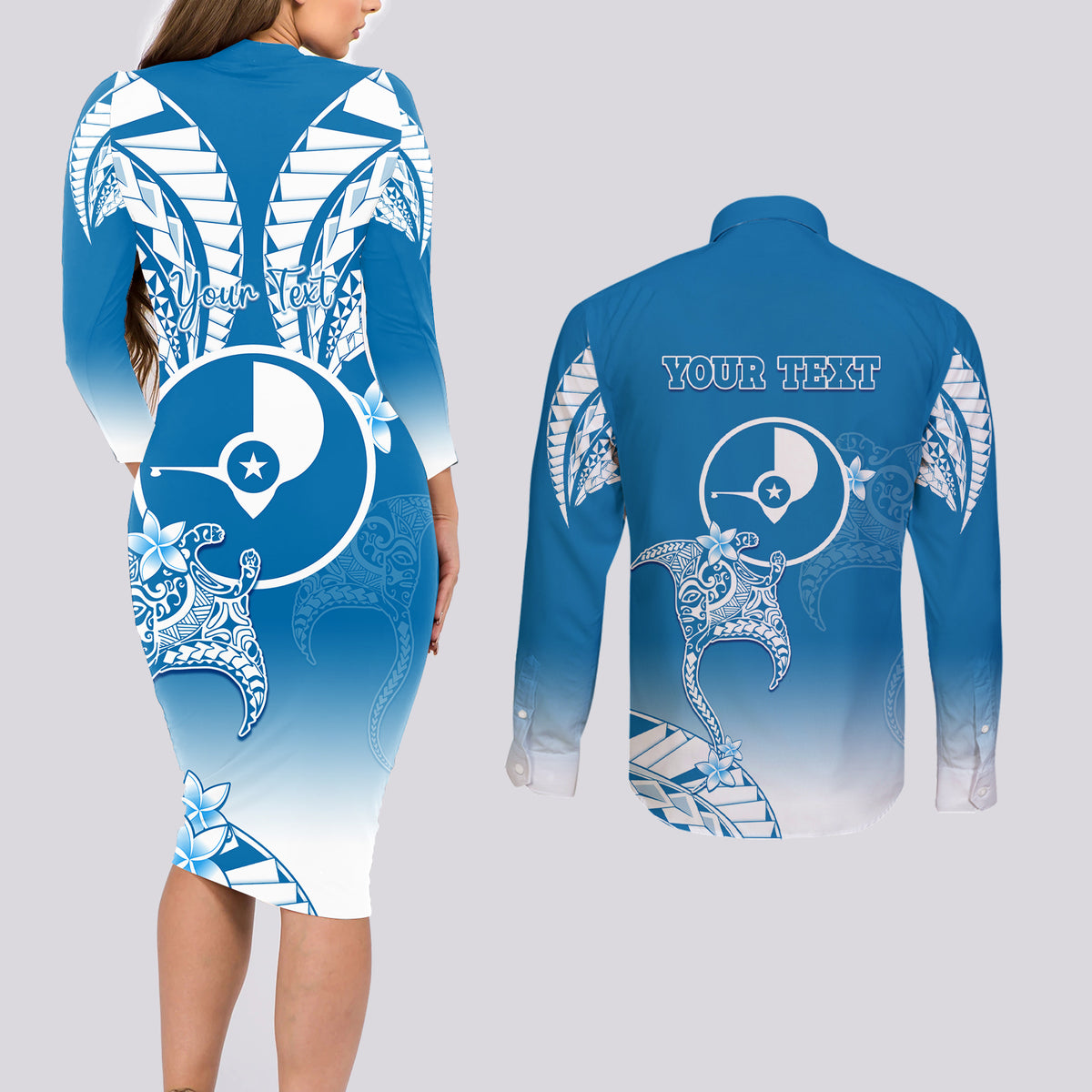 Personalised FSM Yap Constitution Day Couples Matching Long Sleeve Bodycon Dress and Long Sleeve Button Shirt Polynesian Batoids LT05 - Polynesian Pride