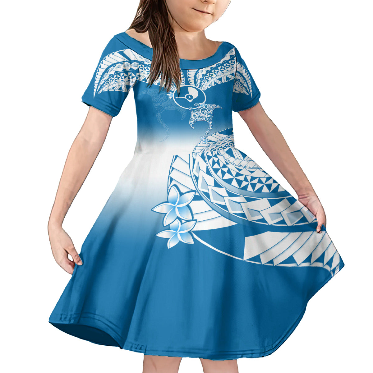 Personalised FSM Yap Constitution Day Family Matching Summer Maxi Dress and Hawaiian Shirt Polynesian Batoids LT05 Daughter's Dress Blue - Polynesian Pride