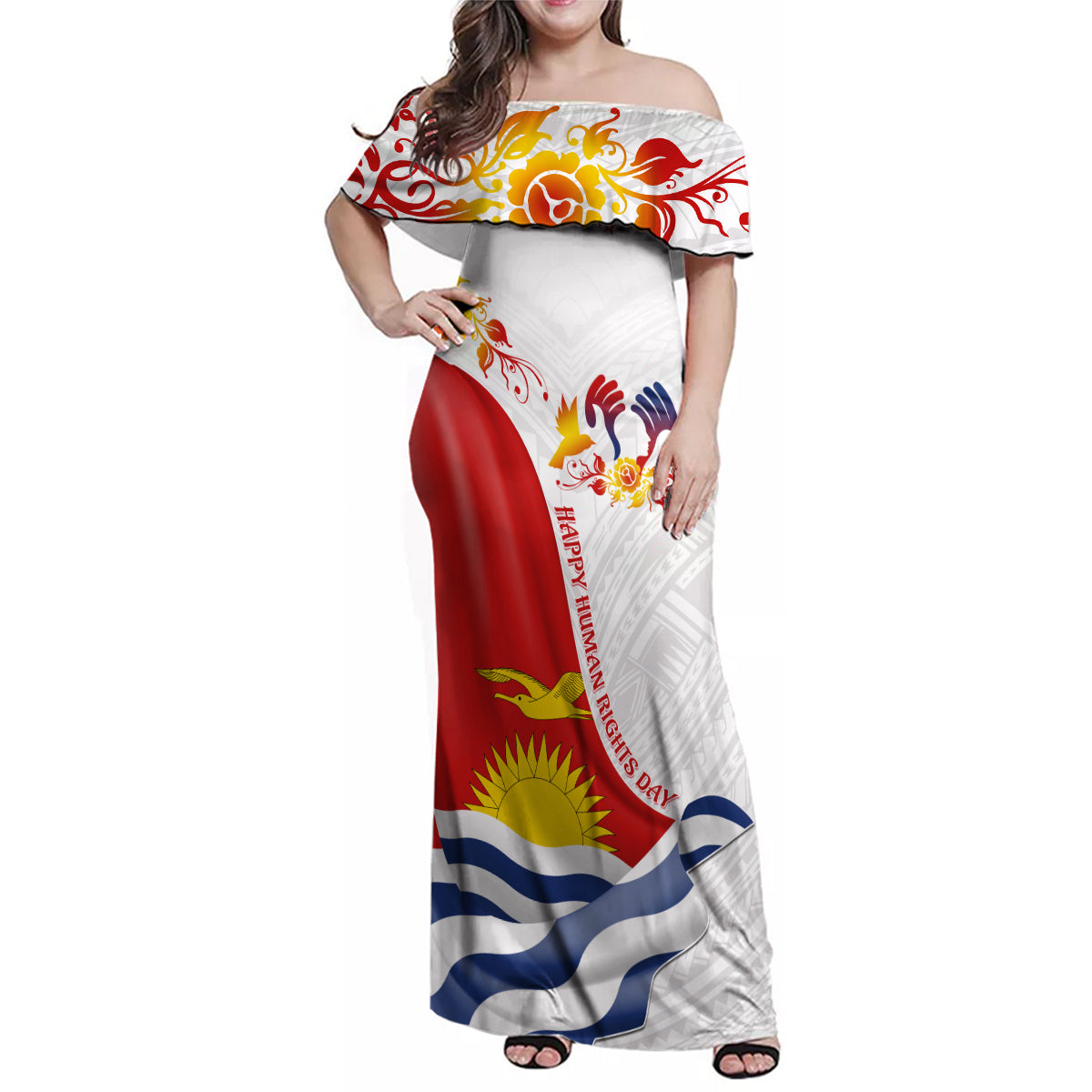 Personalised Kiribati Human Rights Day Family Matching Off Shoulder Maxi Dress and Hawaiian Shirt Polynesian Style LT05 Mom's Dress White - Polynesian Pride