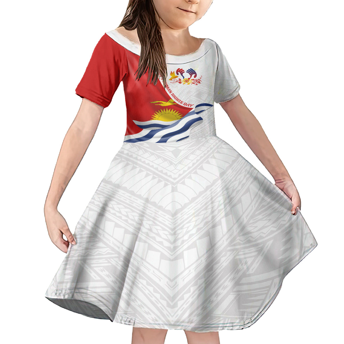 Personalised Kiribati Human Rights Day Family Matching Puletasi Dress and Hawaiian Shirt Polynesian Style LT05 Daughter's Dress White - Polynesian Pride