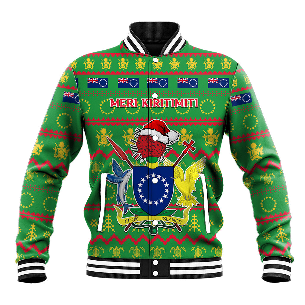 Personalised Cook Islands Christmas Baseball Jacket Santa Coat Of Arms Meri Kiritimiti LT05 Unisex Green - Polynesian Pride