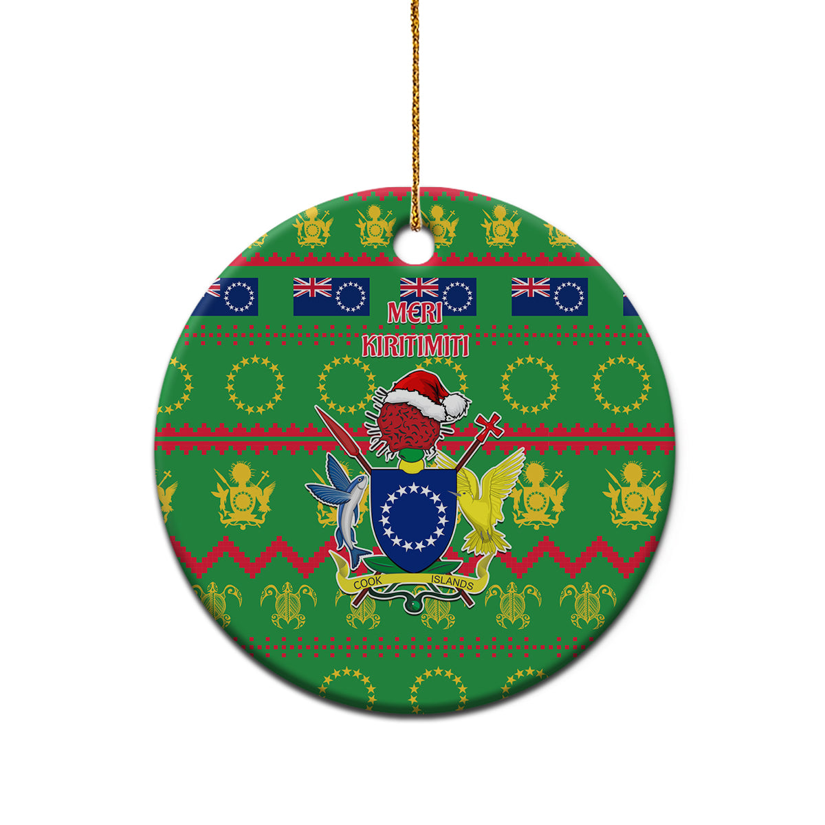 Personalised Cook Islands Christmas Ceramic Ornament Santa Coat Of Arms Meri Kiritimiti LT05 - Polynesian Pride