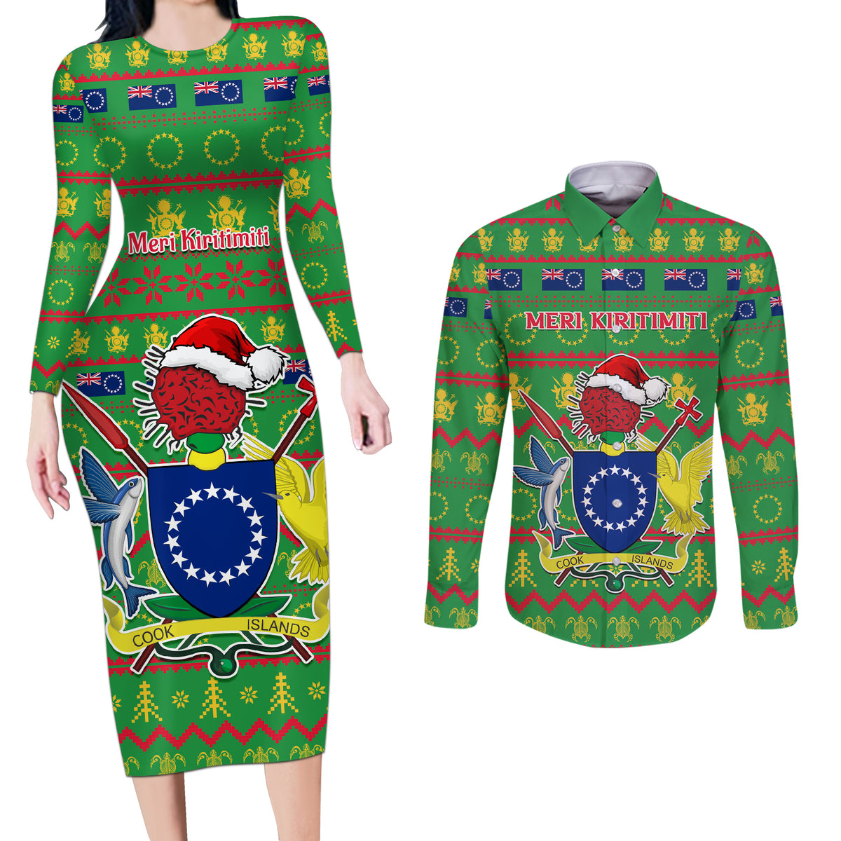 Personalised Cook Islands Christmas Couples Matching Long Sleeve Bodycon Dress and Long Sleeve Button Shirt Santa Coat Of Arms Meri Kiritimiti LT05 Green - Polynesian Pride
