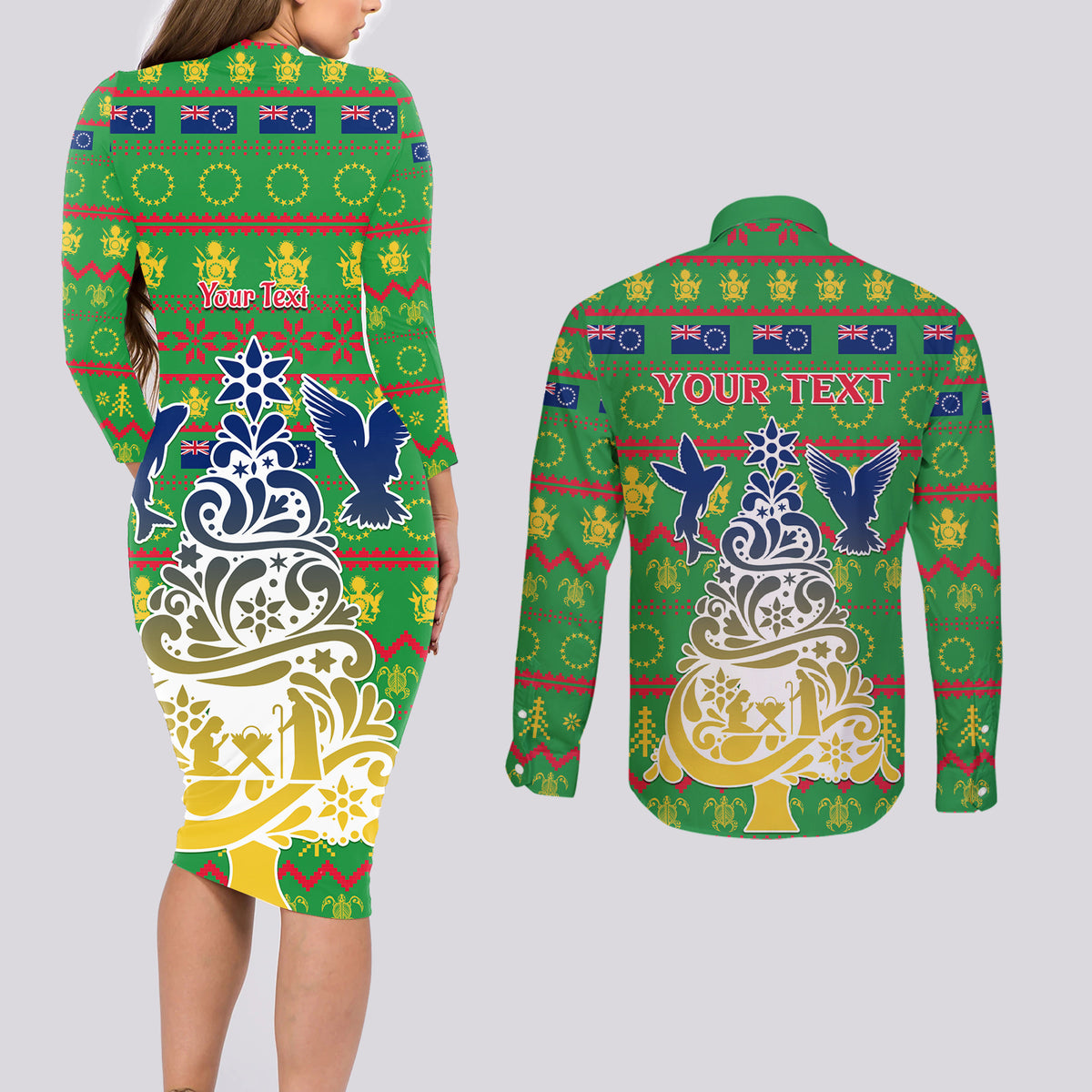 Personalised Cook Islands Christmas Couples Matching Long Sleeve Bodycon Dress and Long Sleeve Button Shirt Santa Coat Of Arms Meri Kiritimiti LT05 - Polynesian Pride