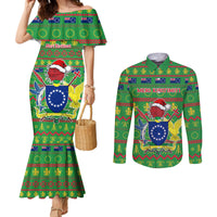 Personalised Cook Islands Christmas Couples Matching Mermaid Dress and Long Sleeve Button Shirt Santa Coat Of Arms Meri Kiritimiti LT05 Green - Polynesian Pride