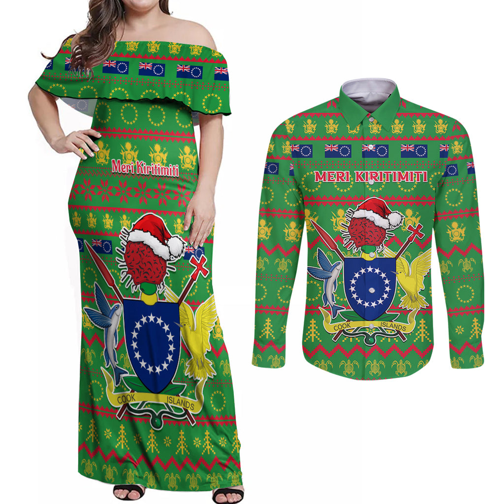 Personalised Cook Islands Christmas Couples Matching Off Shoulder Maxi Dress and Long Sleeve Button Shirt Santa Coat Of Arms Meri Kiritimiti LT05 Green - Polynesian Pride