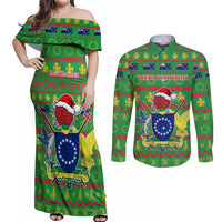 Personalised Cook Islands Christmas Couples Matching Off Shoulder Maxi Dress and Long Sleeve Button Shirt Santa Coat Of Arms Meri Kiritimiti LT05 Green - Polynesian Pride