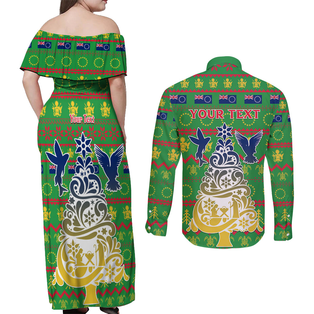 Personalised Cook Islands Christmas Couples Matching Off Shoulder Maxi Dress and Long Sleeve Button Shirt Santa Coat Of Arms Meri Kiritimiti LT05 - Polynesian Pride