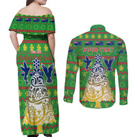 Personalised Cook Islands Christmas Couples Matching Off Shoulder Maxi Dress and Long Sleeve Button Shirt Santa Coat Of Arms Meri Kiritimiti LT05 - Polynesian Pride