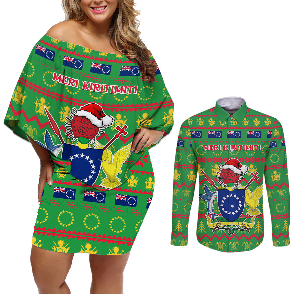 Personalised Cook Islands Christmas Couples Matching Off Shoulder Short Dress and Long Sleeve Button Shirt Santa Coat Of Arms Meri Kiritimiti LT05 Green - Polynesian Pride