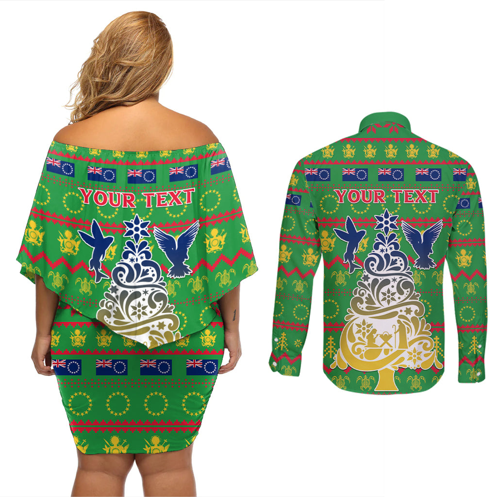 Personalised Cook Islands Christmas Couples Matching Off Shoulder Short Dress and Long Sleeve Button Shirt Santa Coat Of Arms Meri Kiritimiti LT05 - Polynesian Pride