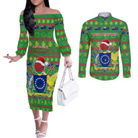 Personalised Cook Islands Christmas Couples Matching Off The Shoulder Long Sleeve Dress and Long Sleeve Button Shirt Santa Coat Of Arms Meri Kiritimiti LT05 Green - Polynesian Pride