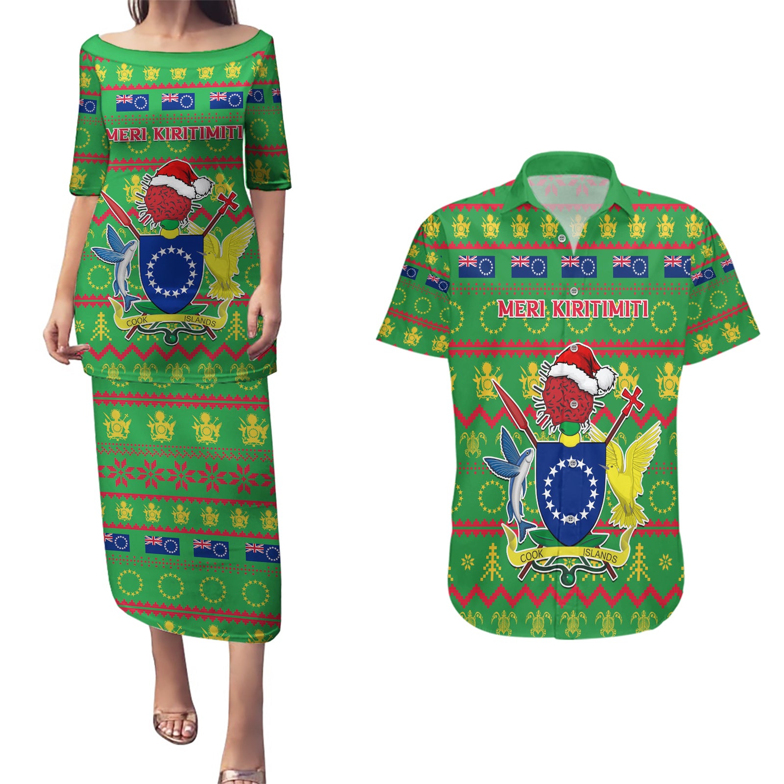 Personalised Cook Islands Christmas Couples Matching Puletasi Dress and Hawaiian Shirt Santa Coat Of Arms Meri Kiritimiti LT05 Green - Polynesian Pride